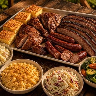 Family feast tray of smoked brisket, chicken and hot links with cornbread, beside bowls of mac and cheese, coleslaw, potato salad and grilled vegetables