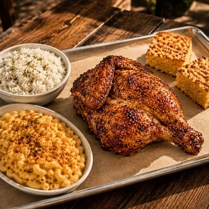 A smoked half chicken with a peppery glaze on a tray with herbed white rice, mac and cheese and two squares of cornbread