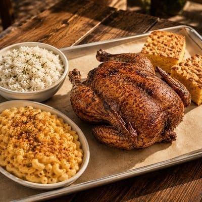 A whole smoked chicken on a tray with white rice, mac and cheese and two squares of cornbread