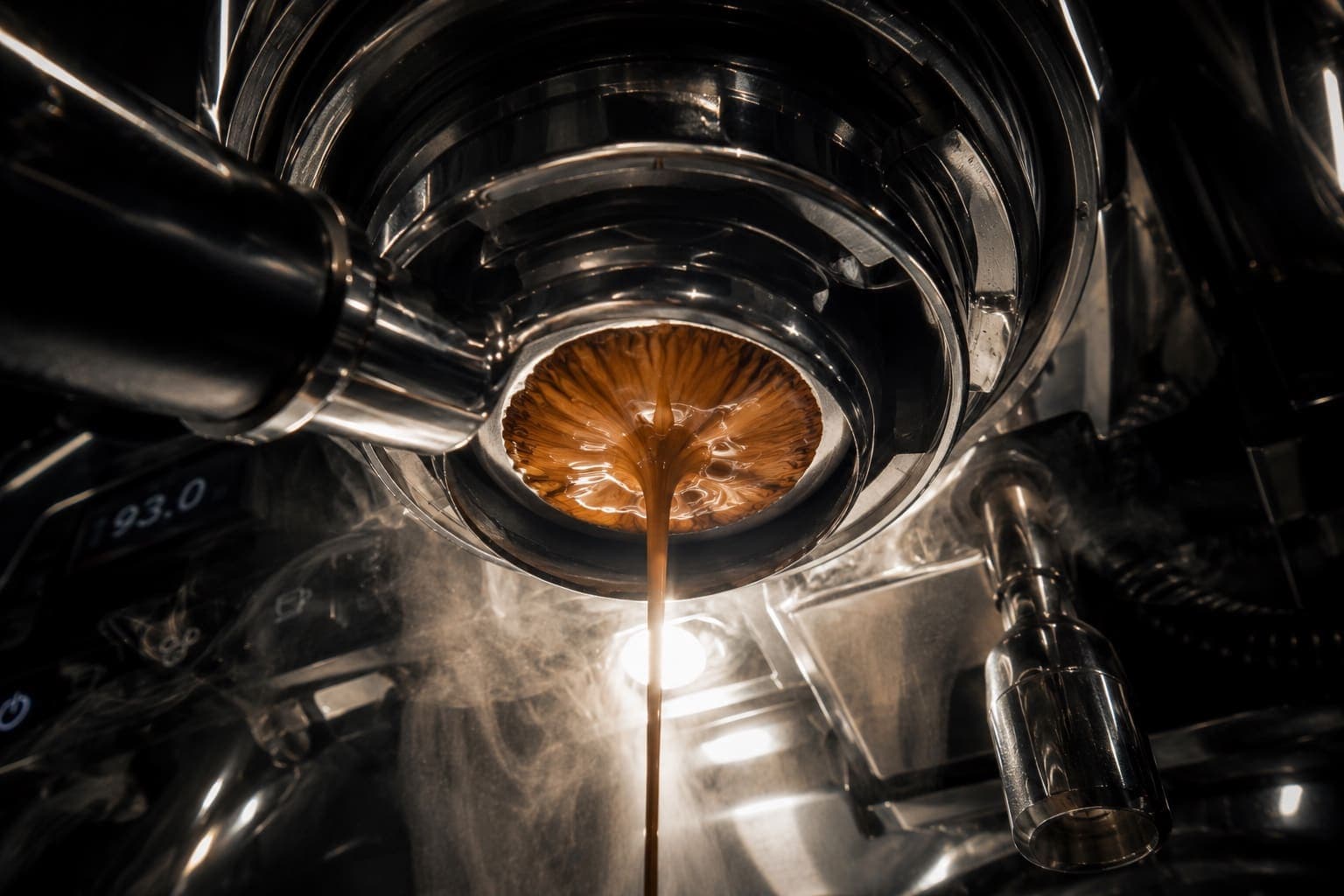 Looking straight up into a portafilter mid-extraction, espresso streaming down through a starburst of crema, backlit.