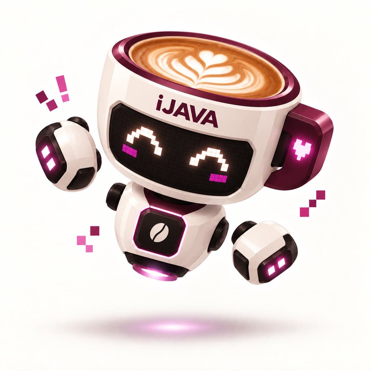Java, the iJava AI companion, tilting mid-float with a heart-art latte for a head