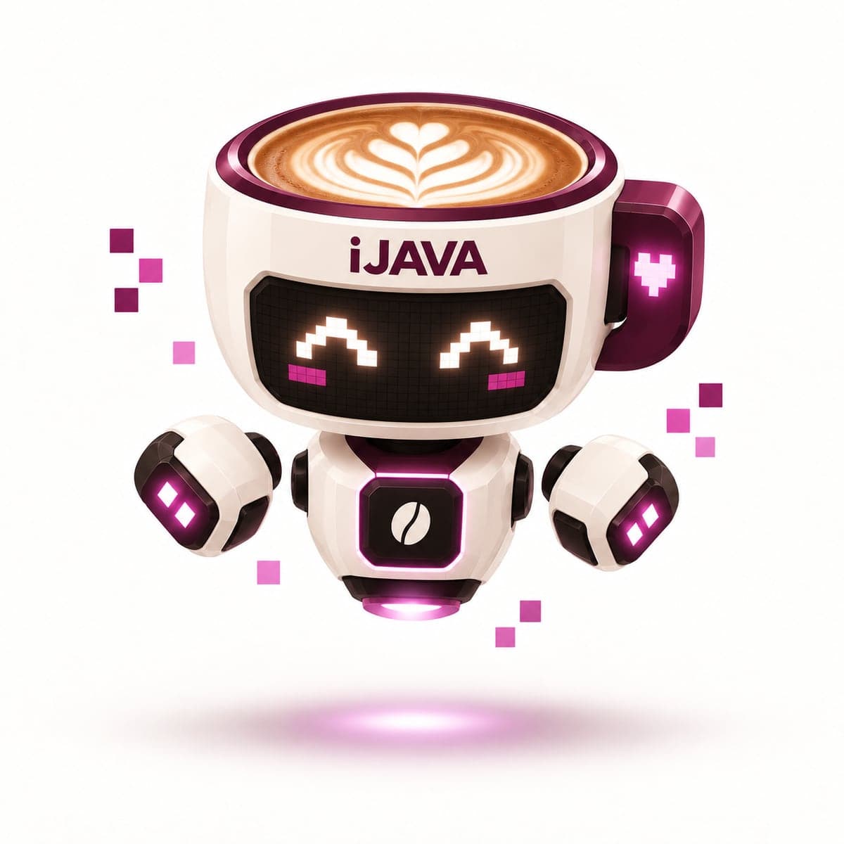 Java, the iJava AI companion: a floating robot whose head is a latte cup with heart latte art