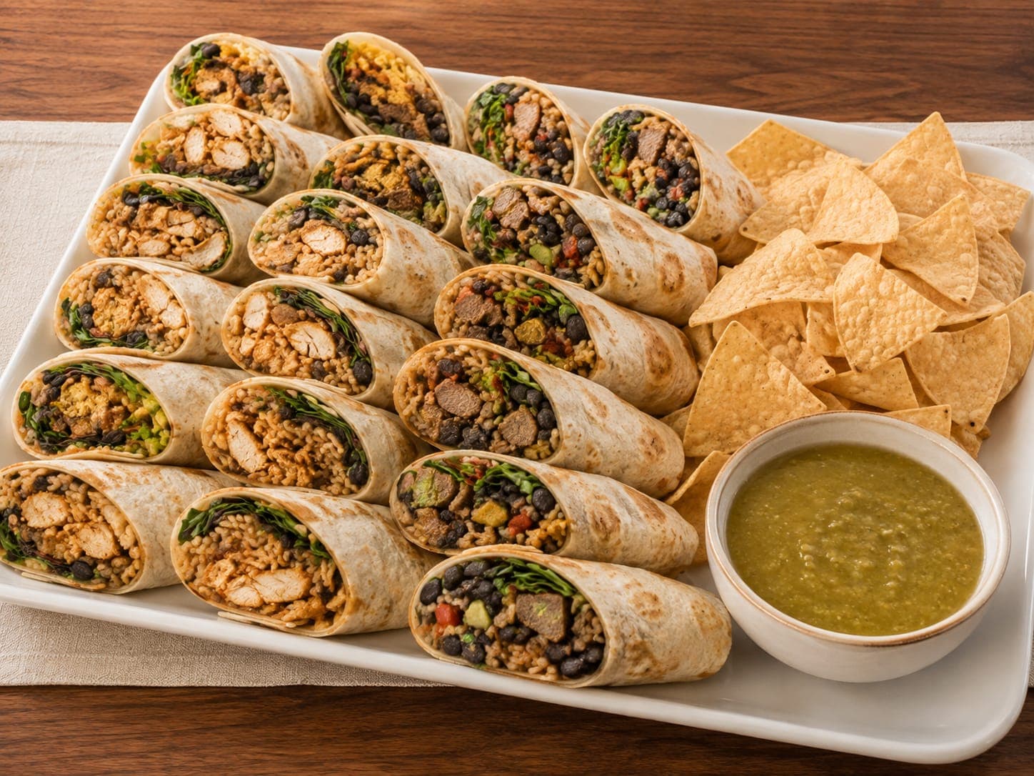 Burrito assortment with chips and tomatillo salsa from iJava Cafe catering