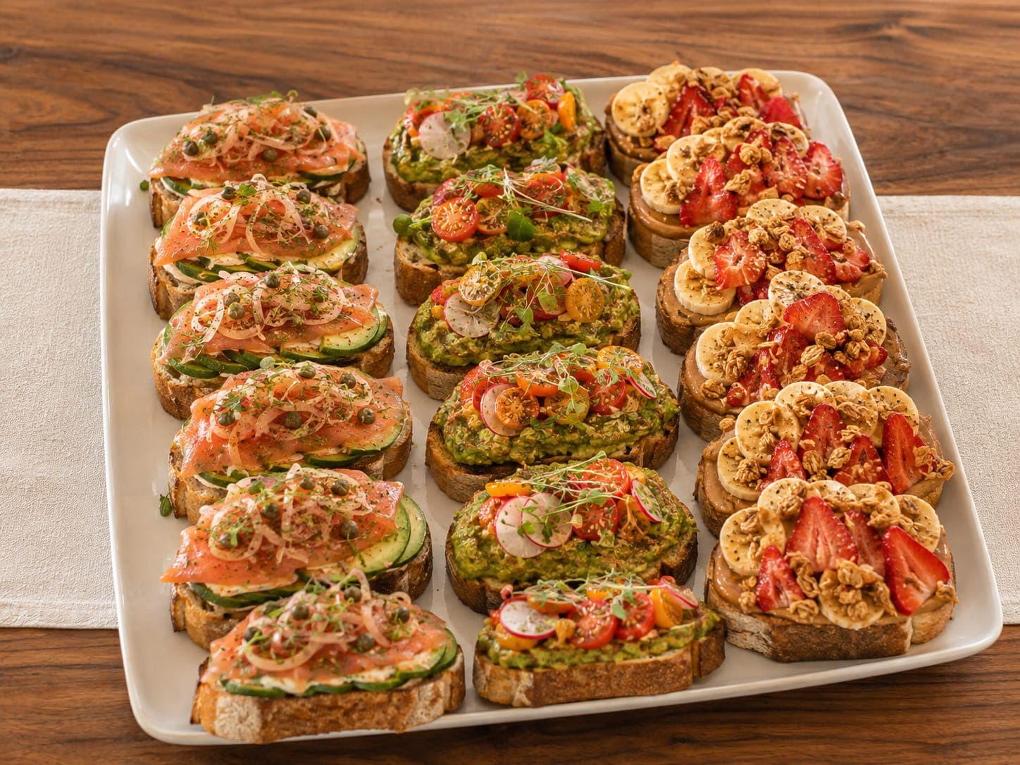 Gourmet toast platter with avocado, smoked salmon, and strawberry toasts from iJava Cafe catering