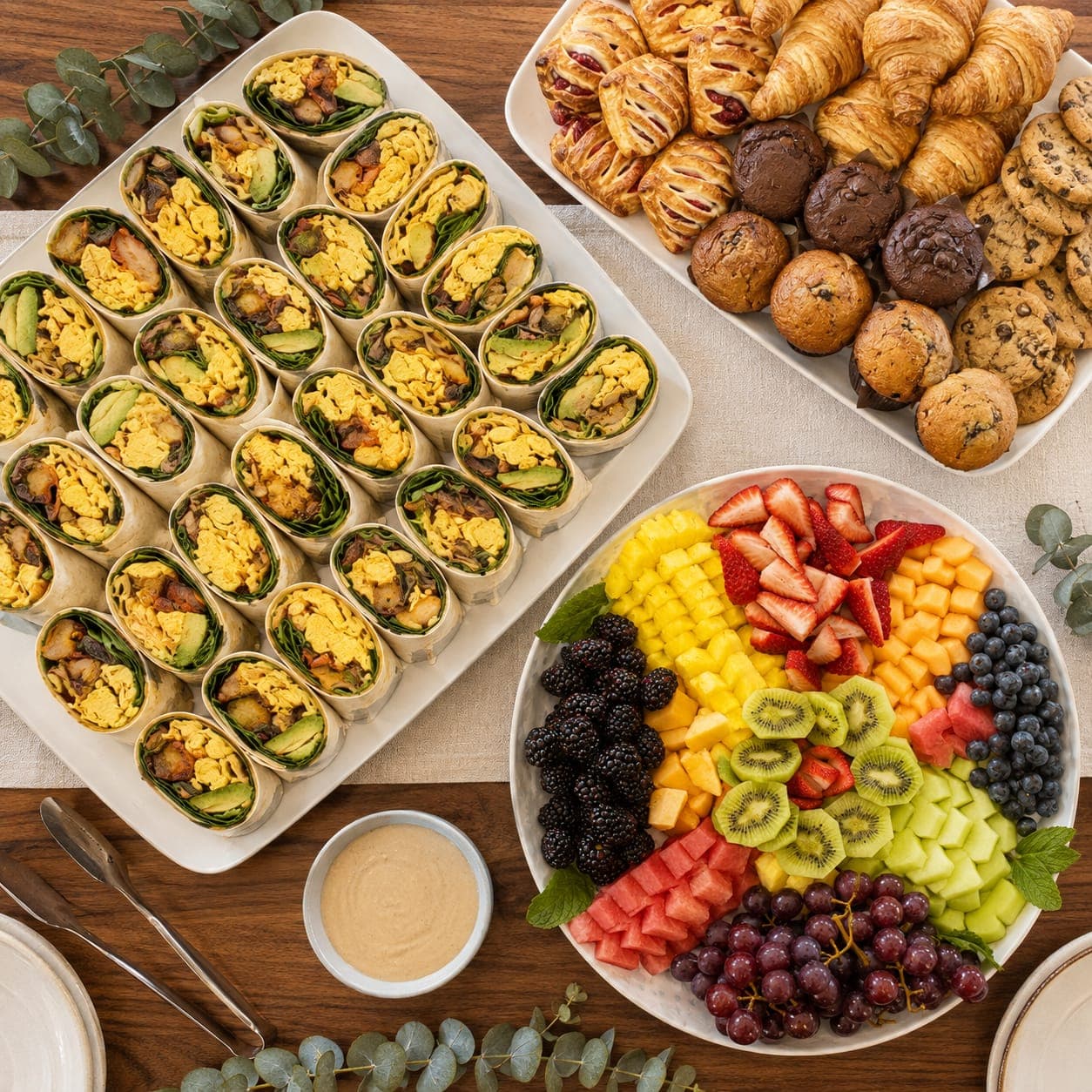 Breakfast catering spread with burritos, muffins, and a fruit platter from iJava Cafe, San Jose