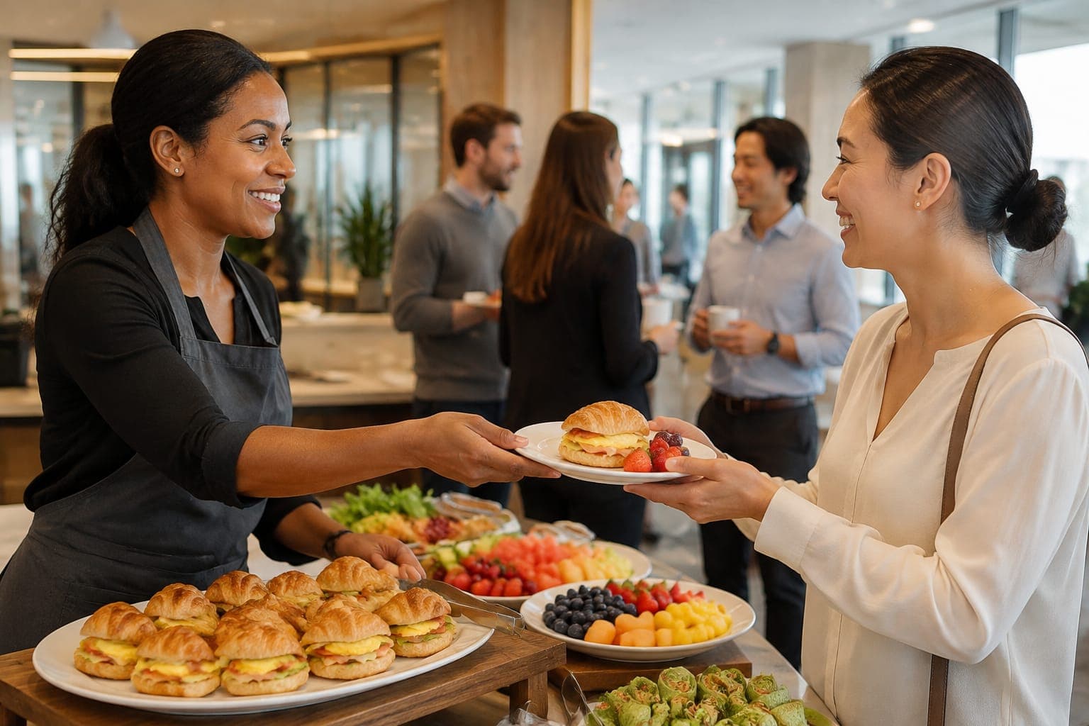 iJava Cafe catering staff handing a guest a plate at a catered event