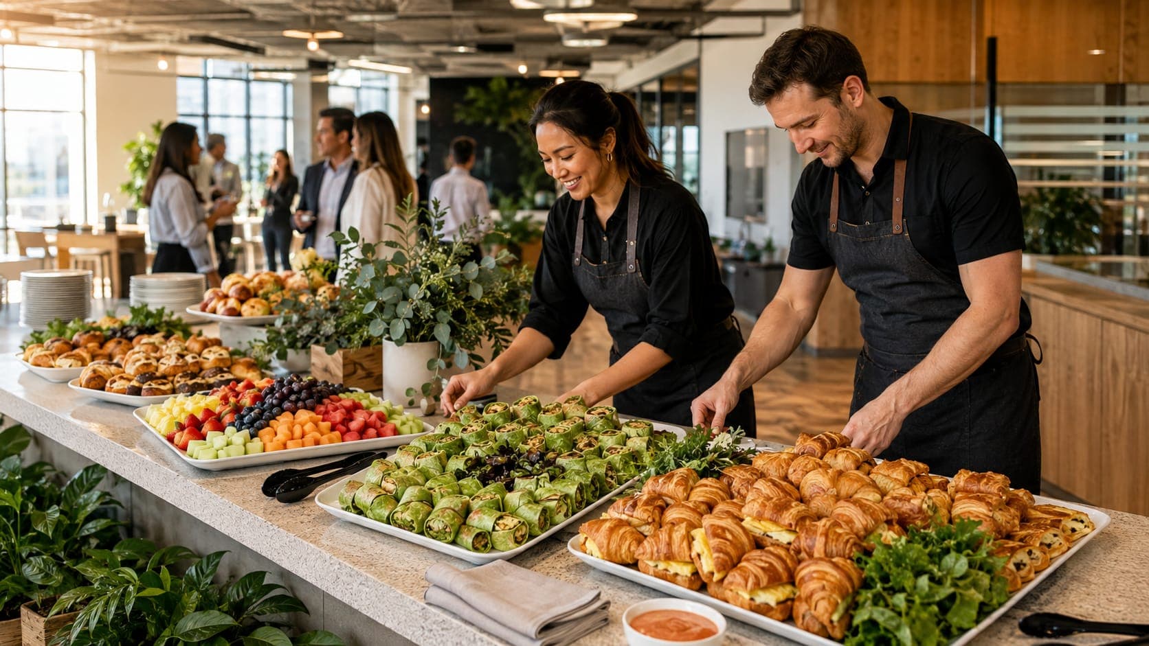 iJava Cafe catering team setting up a spread at an office event