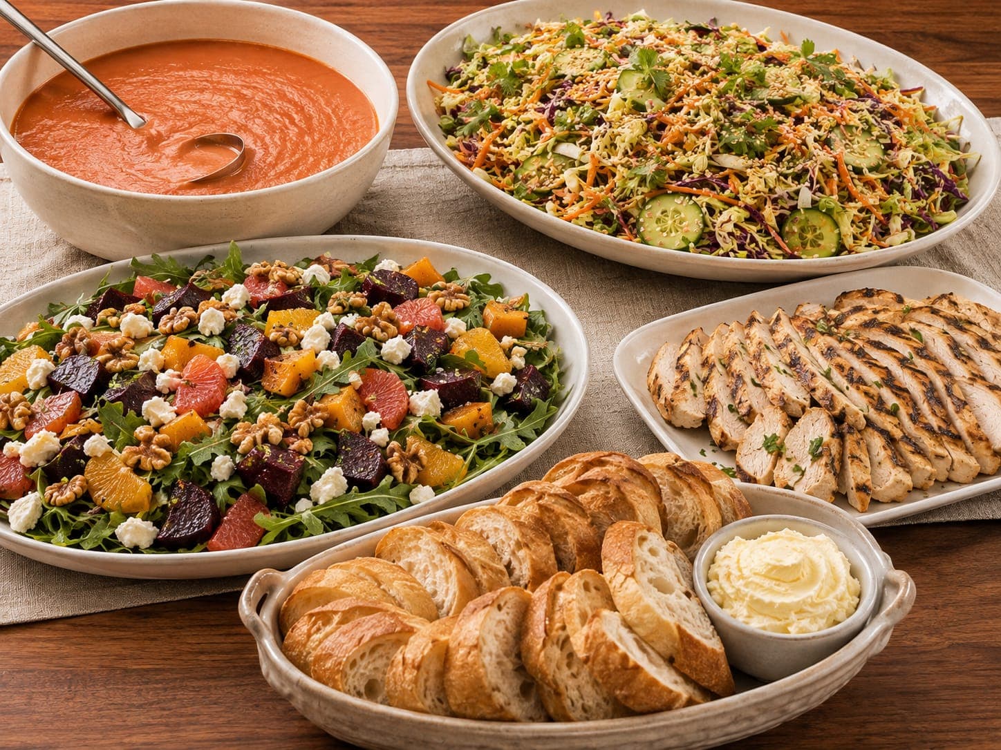 Soup and salad spread with tomato bisque, beet salad, and baguette from iJava Cafe catering