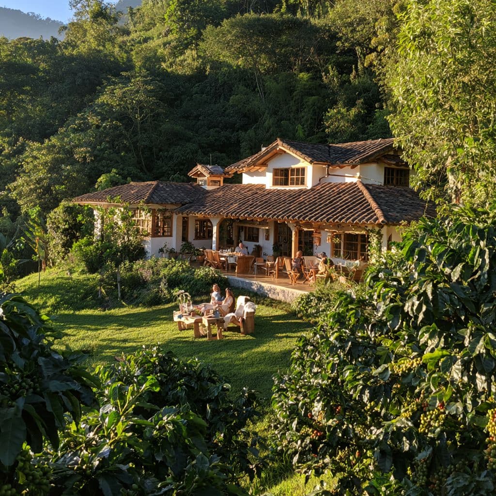 Guests relaxing on the lawn of a farmhouse surrounded by coffee trees in the Ecuadorian highlands