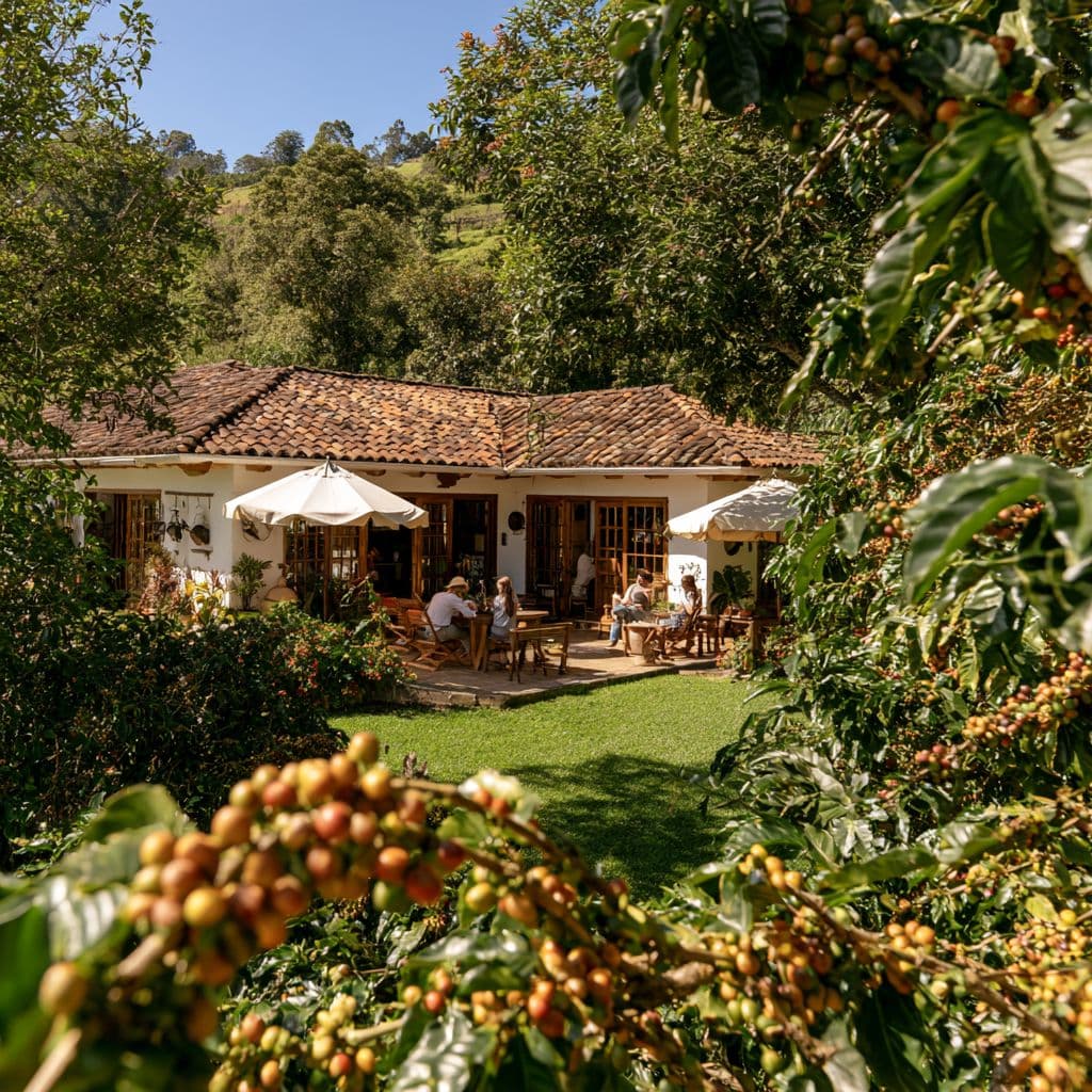 A tile-roofed hacienda with white umbrellas and a sunny lawn, framed by branches of ripening coffee cherries