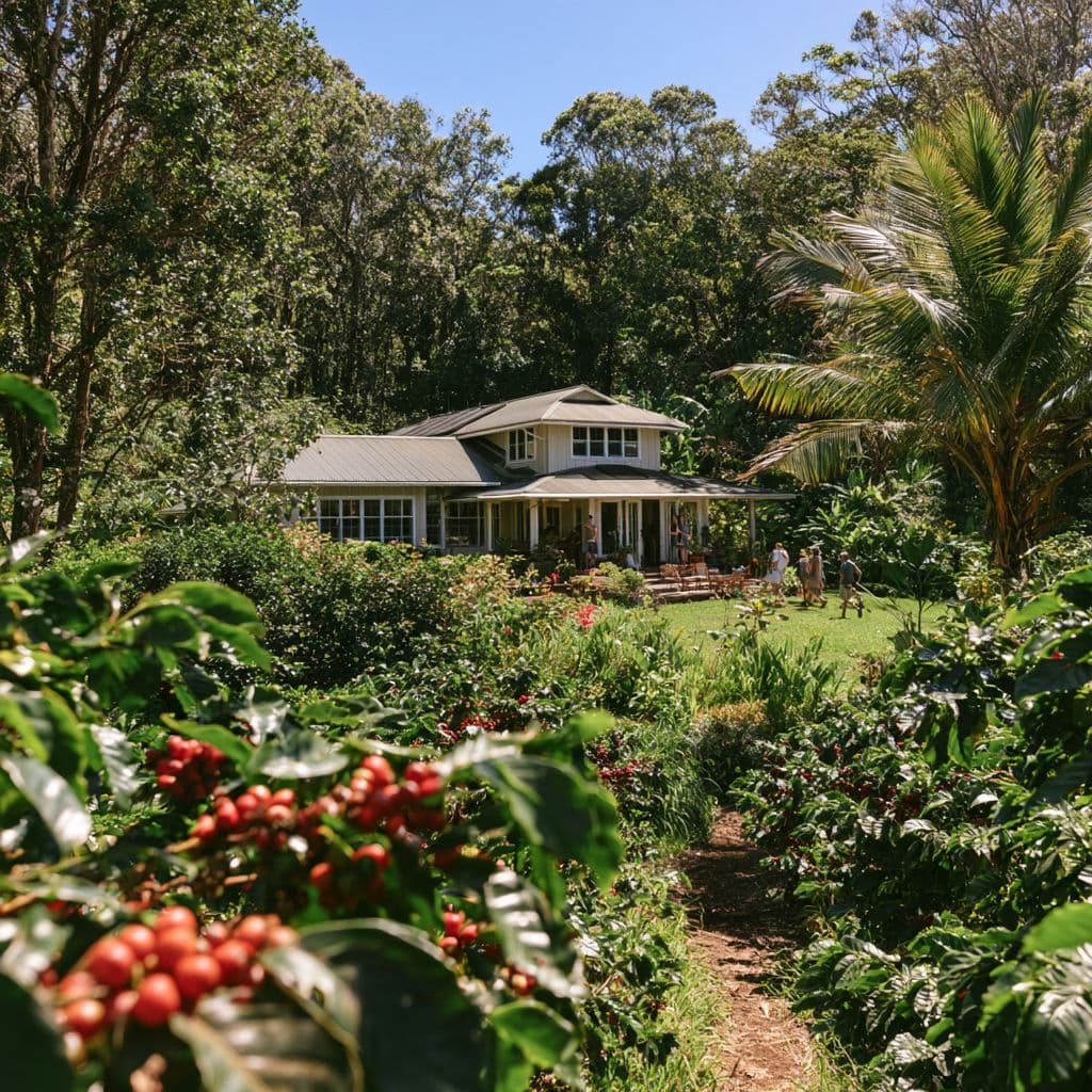 A white plantation-style farmhouse behind rows of coffee trees and palms