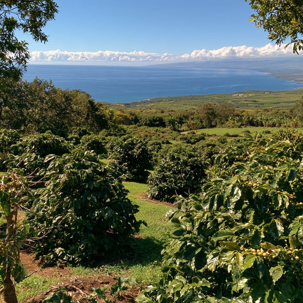 Rows of coffee trees rolling down green hills to the blue Pacific on the Kona coast of Hawaii's Big Island