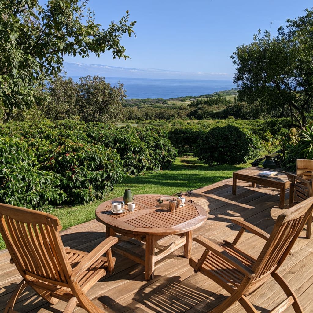 Wooden chairs and a table set with coffee on a lanai overlooking coffee trees and the ocean