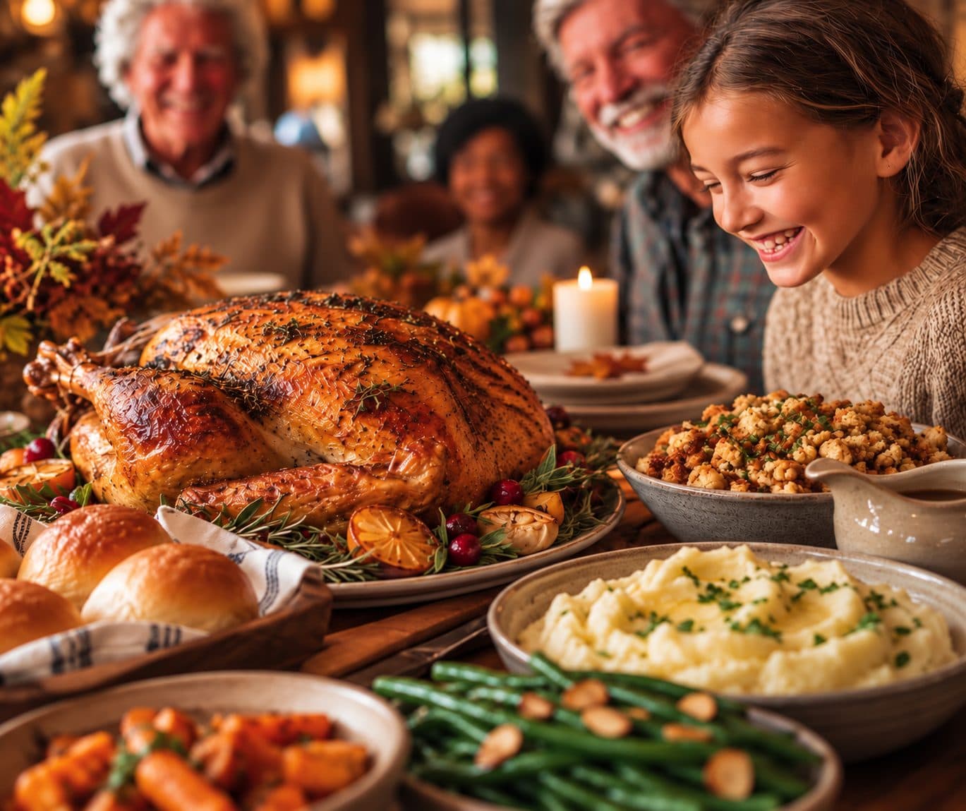 A smoked turkey on a platter surrounded by stuffing, mashed potatoes, green beans and rolls, with a smiling family gathered at the table