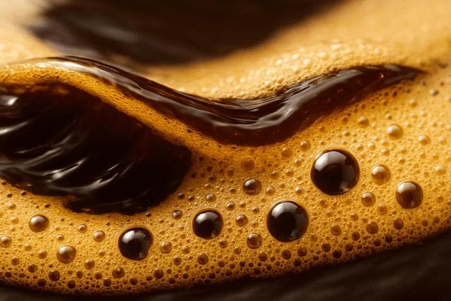 Abstract macro of golden crema swirling into dark espresso, bubbles catching the light.