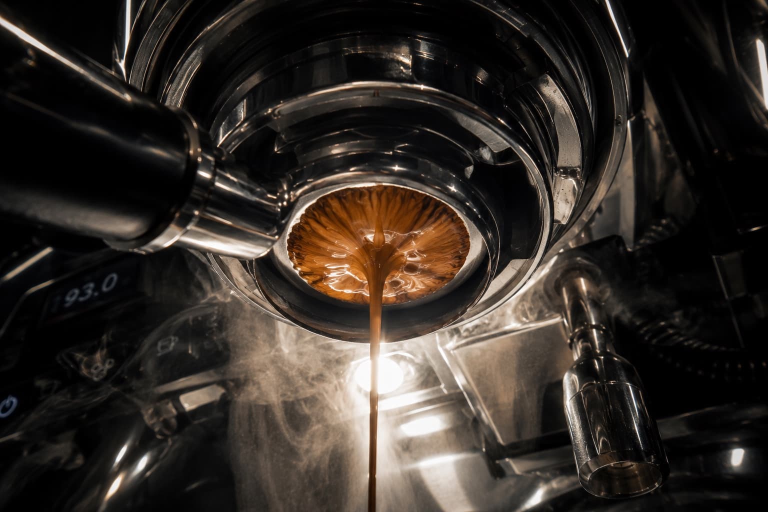 Looking straight up into a portafilter mid-extraction, espresso streaming down through a starburst of crema, backlit.