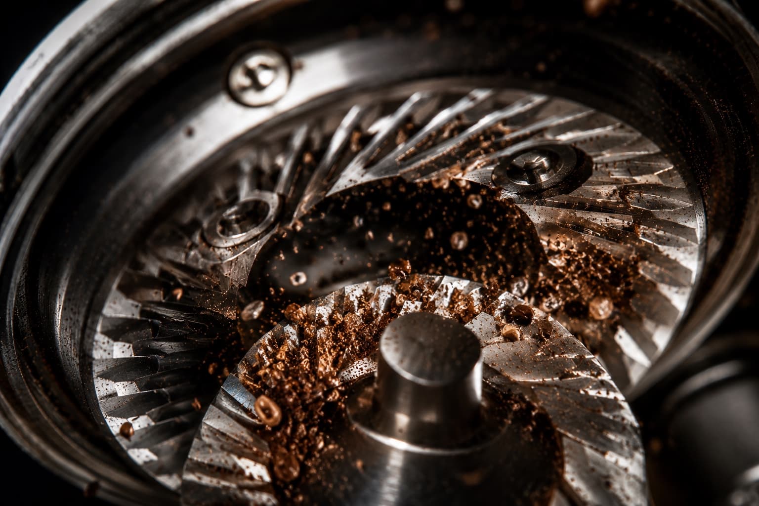 Extreme macro of a grinder's flat steel burrs, coffee grounds caught between the teeth.