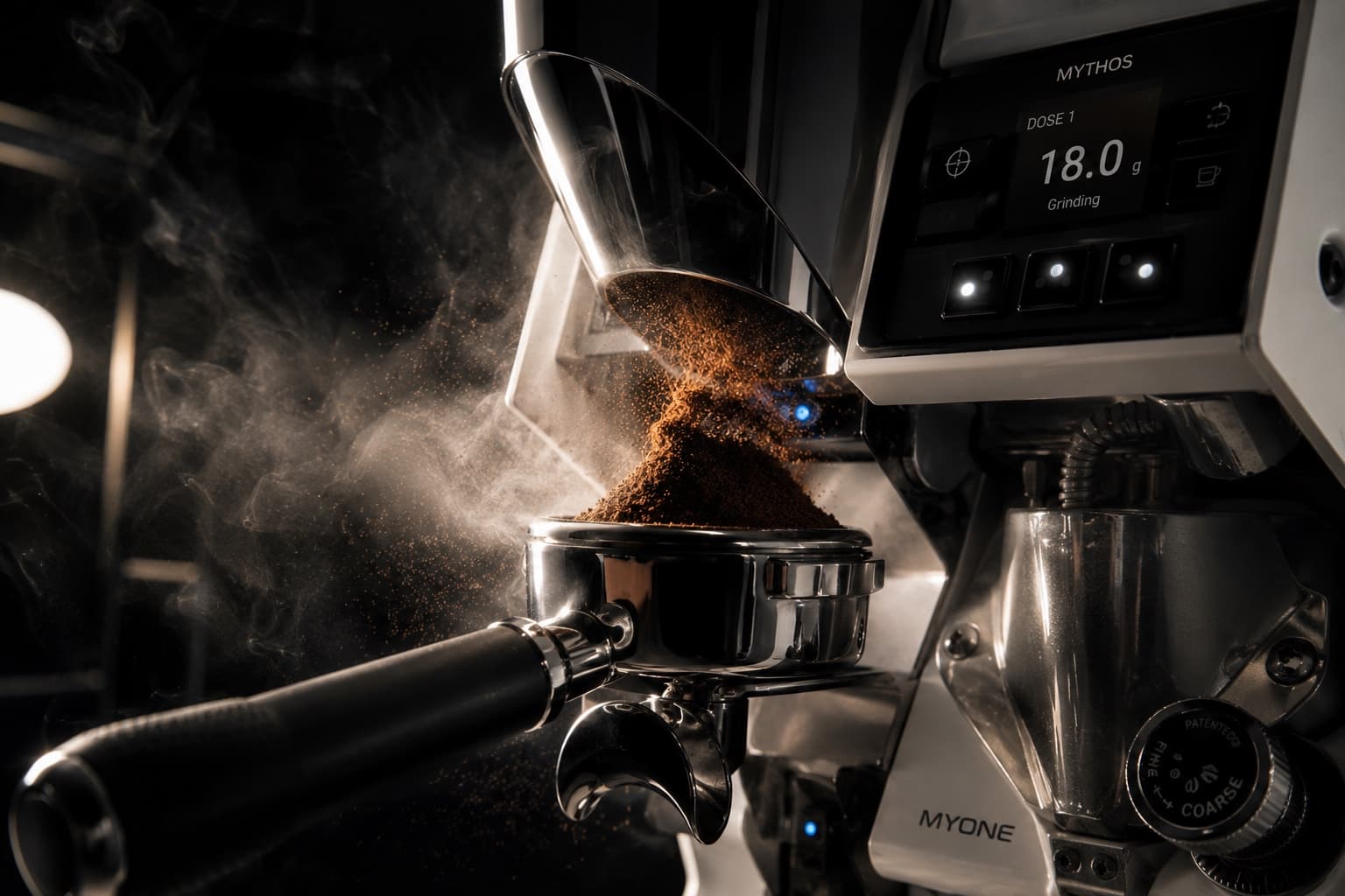 A Nuova Simonelli Mythos GX display reading 18.0g while dosing ground coffee into a portafilter.