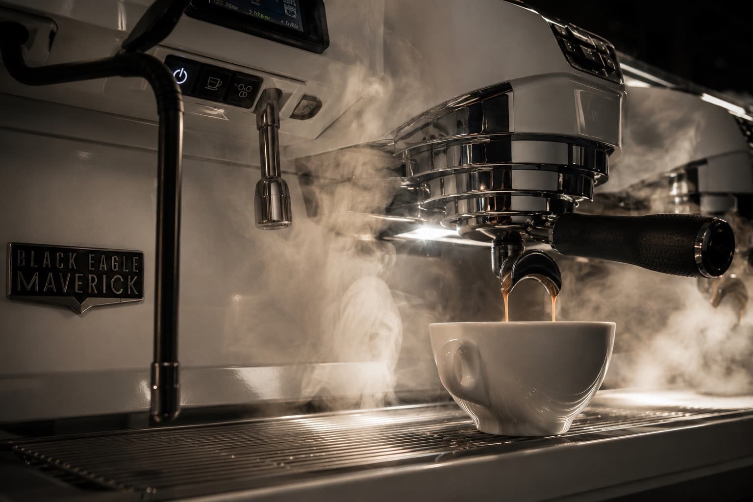 Espresso pouring into a white cup beneath the Black Eagle Maverick's group head, steam curling past the badge.