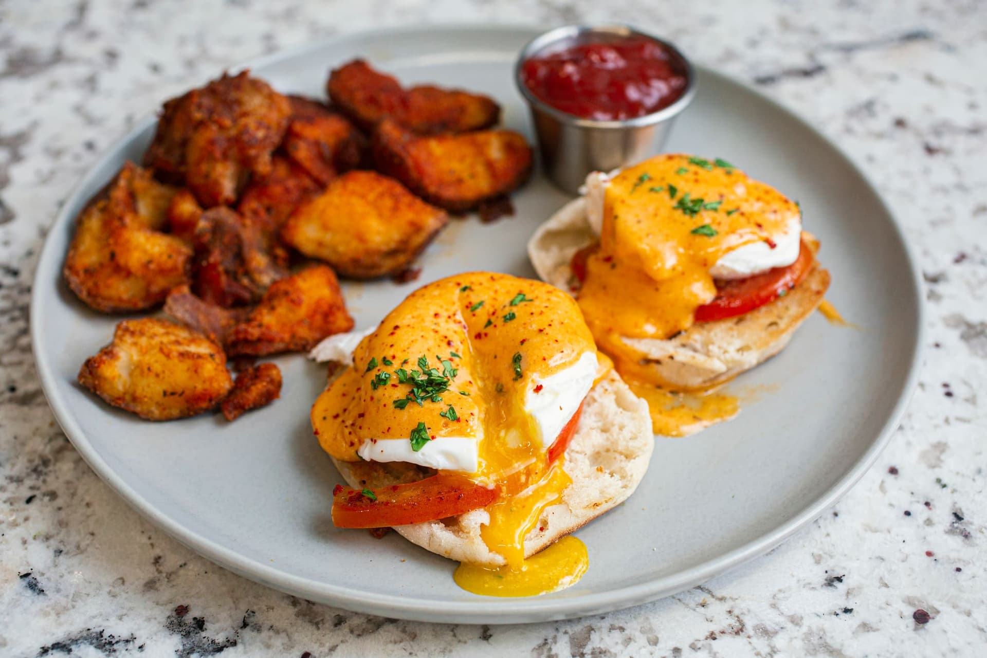 iJava eggs benedict with hollandaise and crispy breakfast potatoes.