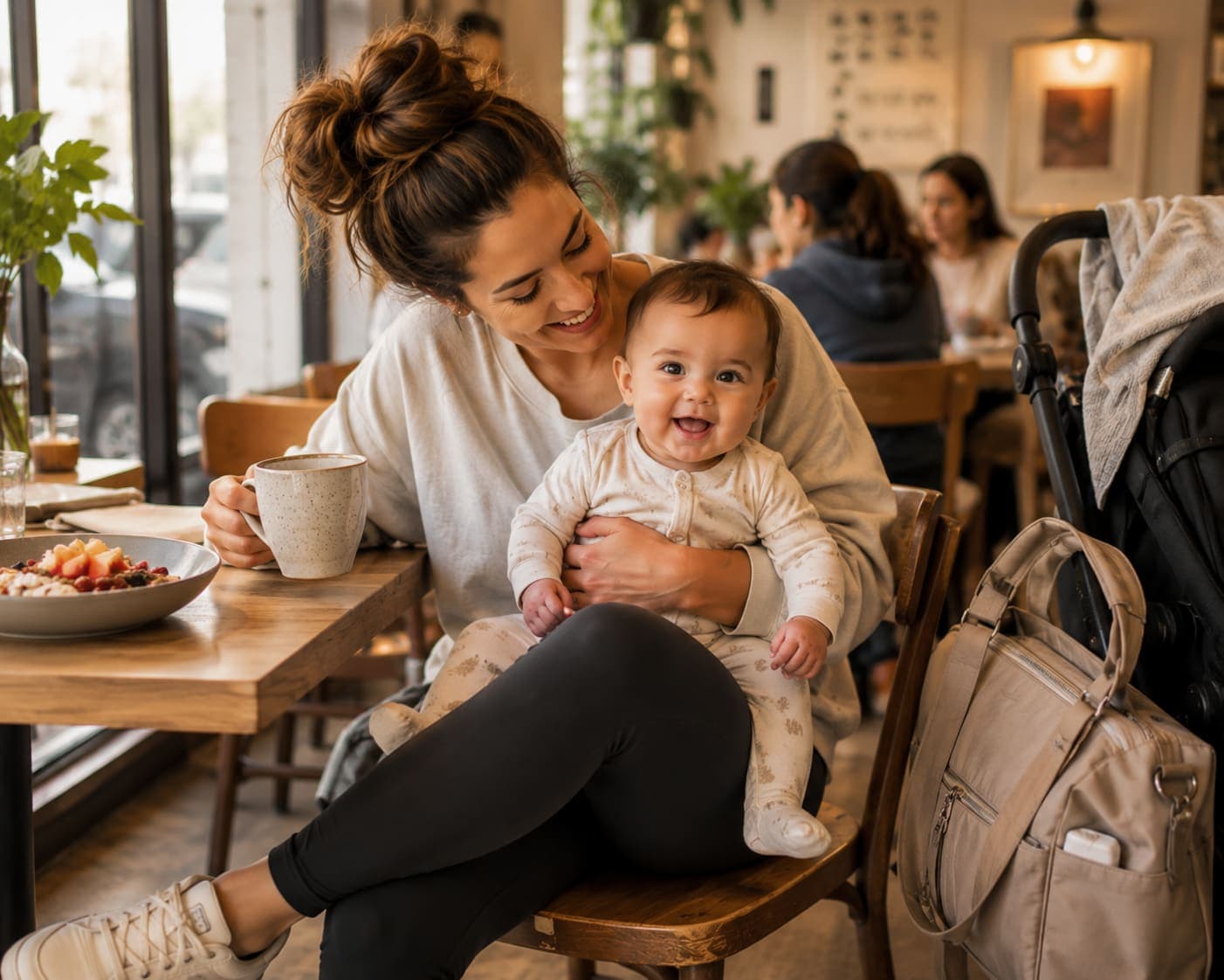 A mama and her baby enjoying a relaxed morning at iJava, with a stroller and diaper bag alongside.